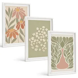 BILDER SET 3er Set - 40x60 cm Weißer Rahmen - Florale Boho-Muster