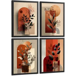 POSTER 4er Kunstdruck-Set Wandbilder Blumen Abstrakt Rot Orange modern Wohnzimmer Deko, Schlafzimmer, Küche, Badezimmer Rahmenlos A3