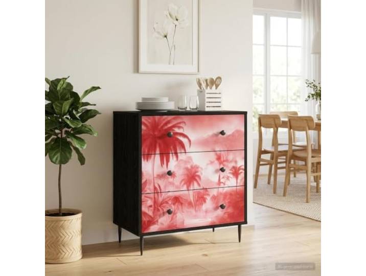 VIHHQGC Kommode Aachen Rosa Palmenprint 66 x 36,5 x 76 cm Holzwerkstoff Drei Schubladen, erhöhte Füße, matte Stahlgriffe, dekoratives Palmenmuster, viel Stauraum