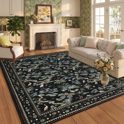 Garvee Modern Crane Botanical Non-Slip Washable Area Rug for Living Room