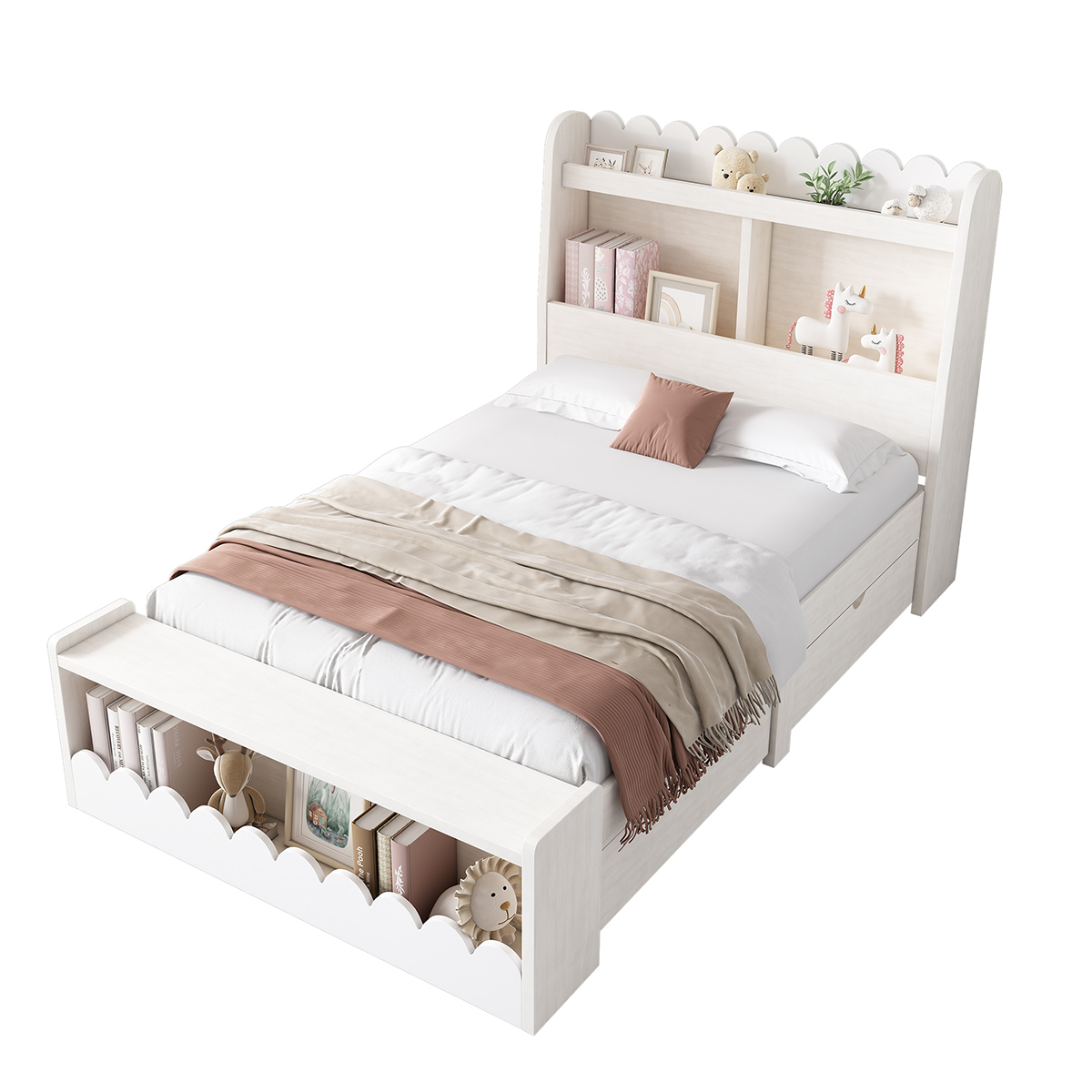 Kinderbett mit Schubladen Regal Sitzbank und Stauraum Einzelbett Holzbett Hausbett Jugendbett 90x200cm Weiß