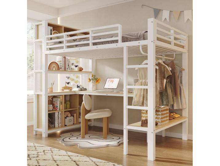 WUVRIE Lit mezzanine 90x200 cm avec bureau intégré barre de penderie étagères de rangement blanc