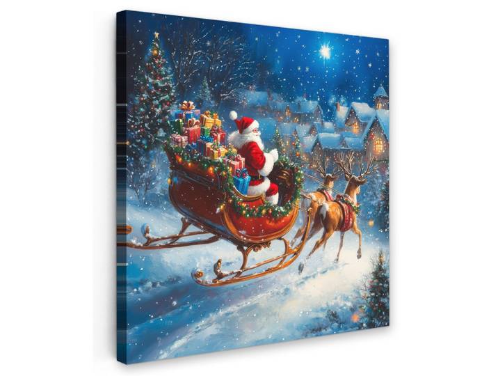 LEINWANDBILD Weihnachtsmann - Rentier - Weihnachten - Schnee Deko Groß 90x90 cm