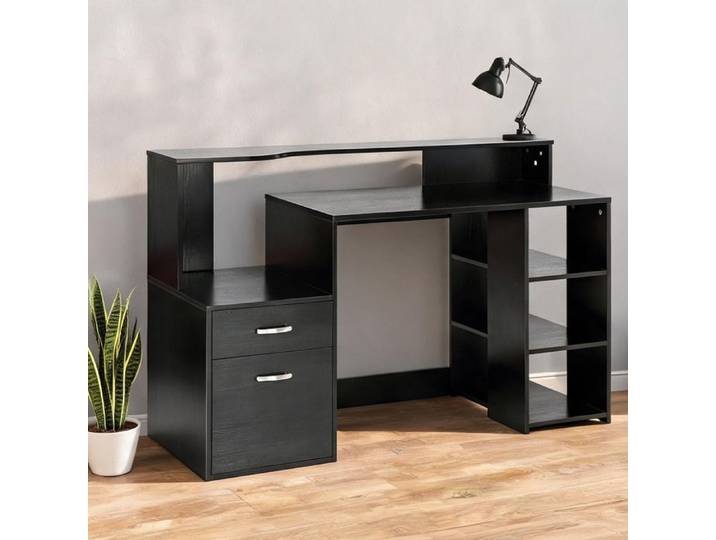 Bureau informatique noir MDF 137x55x92 cm avec tiroirs et tablette imprimante