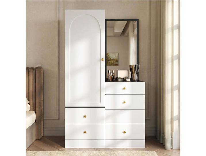 Buffet haut - URBANLUXE - 90x50.5x112 cm - 5 tiroirs & 1 porte - Miroir en pied - Tabouret escamotable