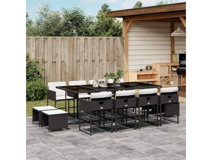 KTHLBRH Gartenmöbel-Set aus Polyrattan, 13-teilig, Schwarz 8 Klappstühle, 4 Hocker, Glastisch, waschbare Kissen, 110 kg pro Sitzfläche
