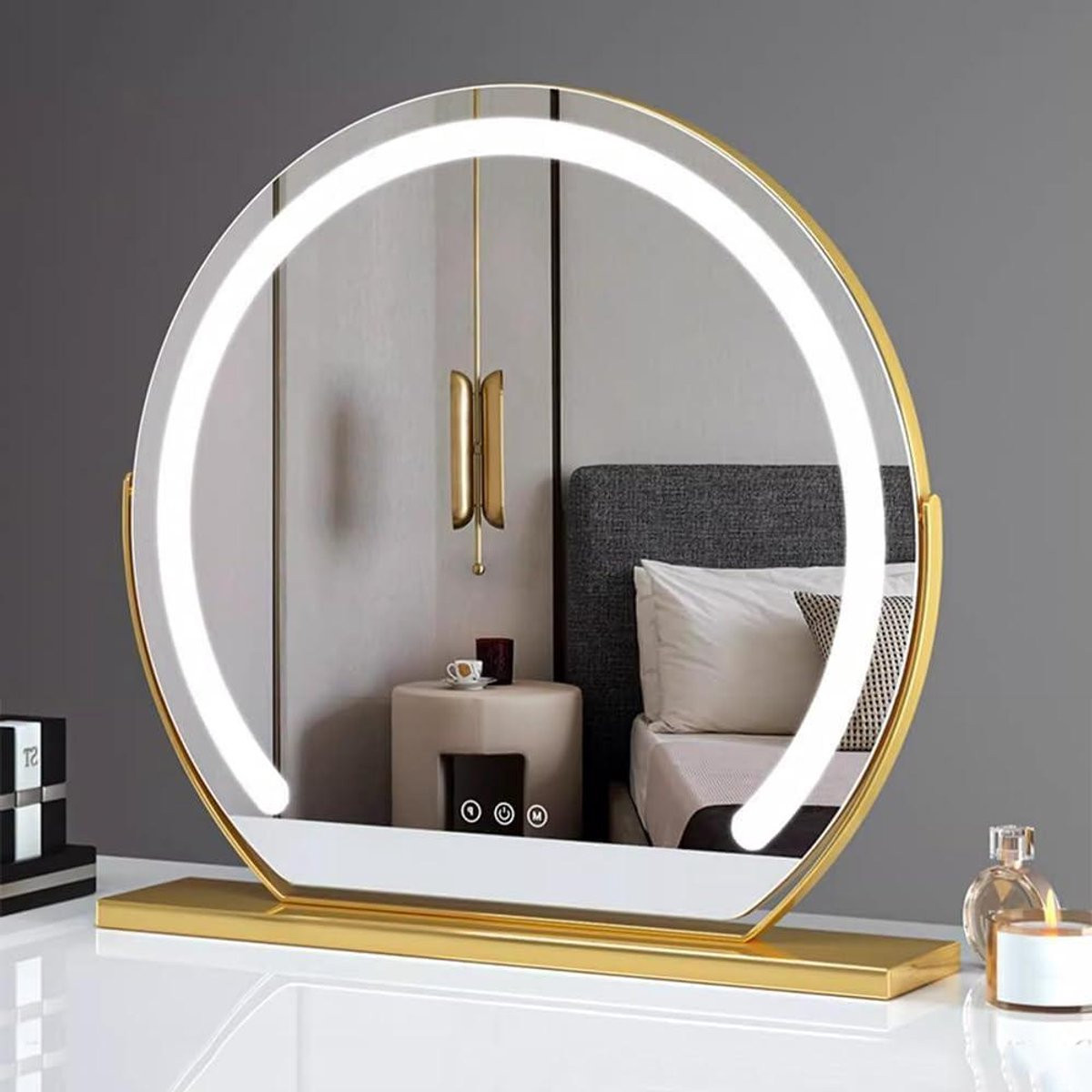 Gouden Kaptafel Spiegel met 360 graden draaibare make-up spiegel, Breedte: 58 cm