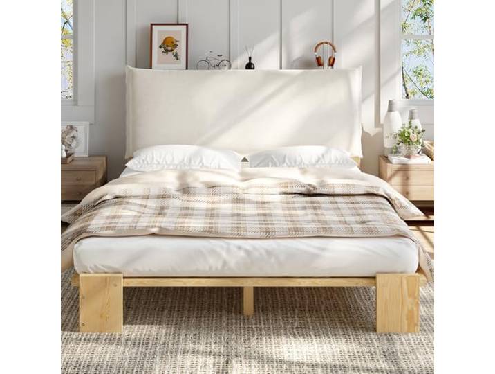 Bellemave Bettrahmen, Doppelbett 140×200 cm, mit Kopflehne, naturfarben Gepolsterte Kopflehne mit Klettverschluss, verbreiterte Bettfüße, kann als Kinderbett oder Erwachsenenbett verwendet werden