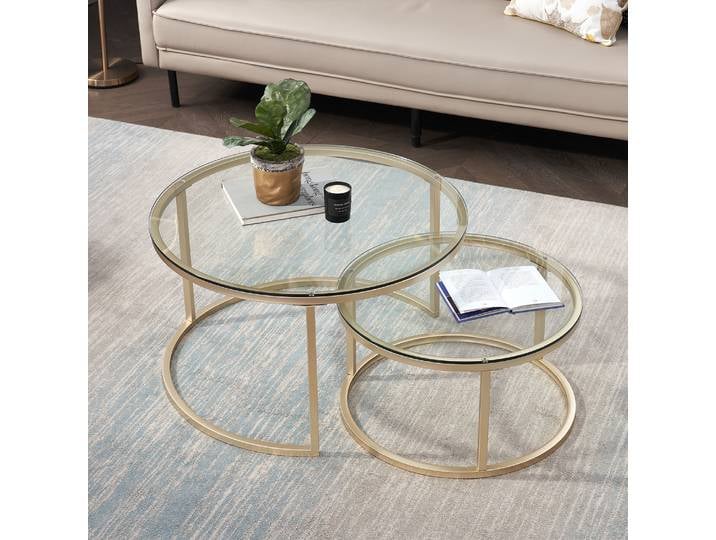 EGOONM 2 en 1 Table basse en fer mode petit appartement salon Table basse verre trempé rond canapé Table basse d'appoint