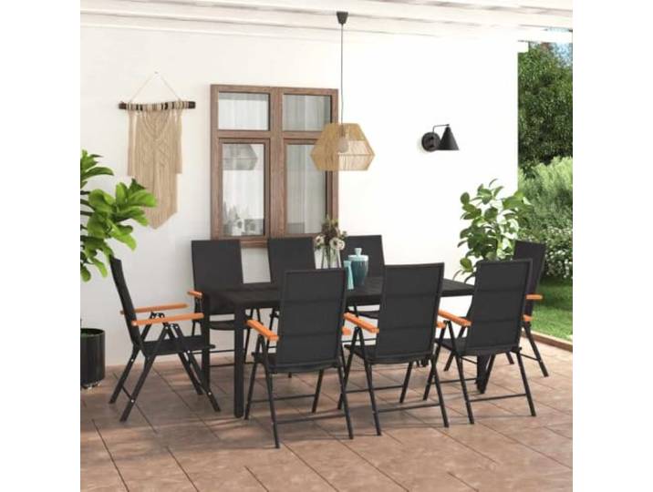IBUQDDV 9-TLG. Garten-Essgruppe Schwarz und Braun mit PE-Rattan Gartenstühlen, WPC-Armlehnen und Gartentisch mit WPC Tischplatte, Aluminiumgestell für Stabilität, max. 110 kg pro Sitzplatz