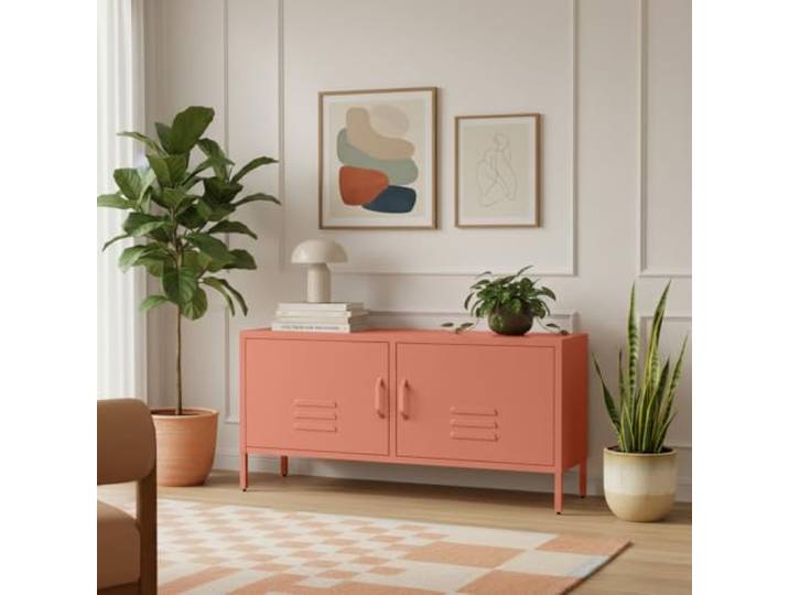 skølm Atria Lowboard 105x38x55 cm, Terrakotta, aus Metall, TV Schrank Fernsehtisch mit 4 verstellbaren Fächern, TV Board, Sideboard/Fernsehschrank/Wohnzimmerschrank/Metallschrank für Wohnzimmer