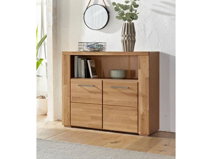 OTTO home Kommode Celle, 90cm breit, 35cm tief, Fronten Massivholz, Holz massiv, Holzwerkstoff, Metall Griffe,3 breite Fächer