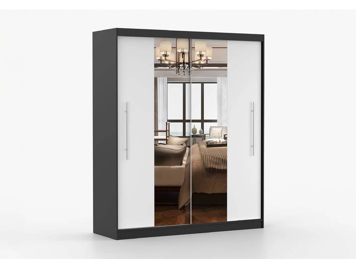 Schwebetürenschrank TORINO I 203 cm Schwarz Weiß + Spiegel Ohne LED-Beleuchtung