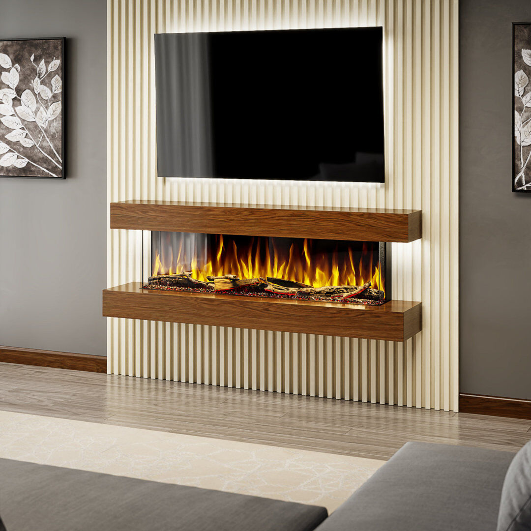 Evolution Fires Studio 5   Oak or Walnut   62-inch Wall Mounted Electric Fireplace   Fully Assembled   3-sided Panoramic Flame   Remote Control   Led Side Lights Walnut