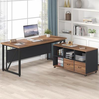 Jiallo 63-Inch Executive Desk with 47-Inch Mobile File Cabinet , Walnut & Gray