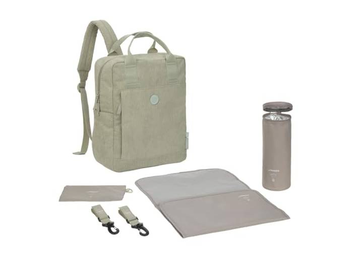 LÄSSIG Baby Wickelrucksack Wickeltasche Rucksack mit Wickelunterlage, Kinderwagenbefestigung, FlaschenhalterGRE Vividal Backpack cord light khaki