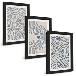 BILDER SET 3er Set - 20x30 cm Schwarzer Rahmen - Abstrakte Linien, Wellenformen