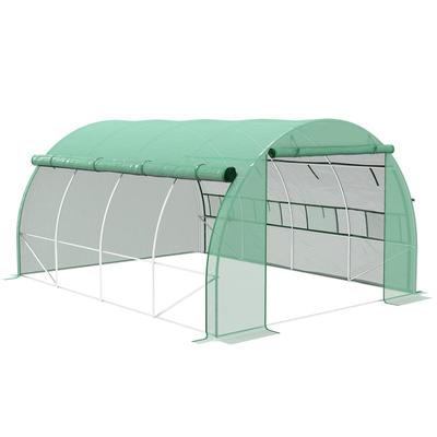 OKWISH Foliengewächshaus Polytunnel begehbar 397x300x200 cm mit UV Schutz aufrollbaren Wänden 8 Fenstern Reißverschlusstür Stahlrahmen Grün