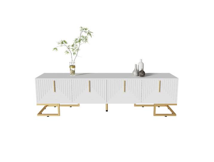 Modenvie Lowboard 170/40/45,5 cm aus Spanplatte mit 4 Türen und goldfarbenen Metallfüßen Weiß, 200x60x35 cm, Wohnzimmer, TV Möbel, Lowboards, Lowboards stehend