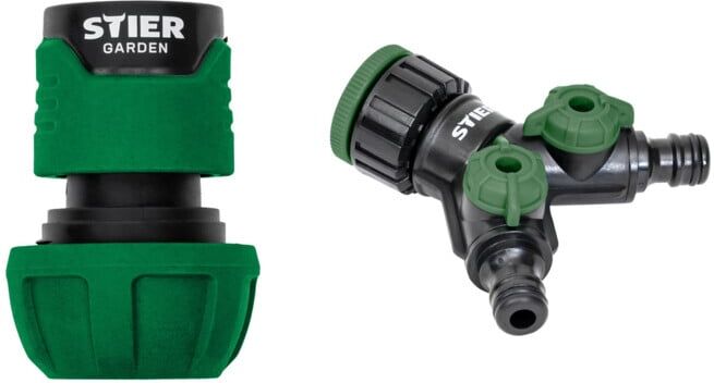 Set STIER Schlauchverbinder Wasserstop 16-19mm (5/8-3/4 Zoll) + 2 Wege-Ventil / Verteiler Premium 33,3mm G1 Zoll und 26,5mm G3/4 Zoll