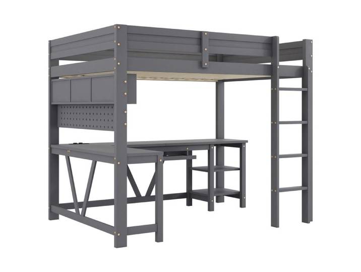 Lit mezzanine Fentes Gris 90 x 200 cm Gaming-lit mezzanine en bois avec bureau Éclairage LED et station de recharge