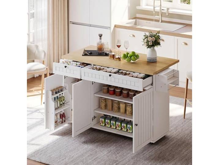 Ropilly Kücheninsel mit klappbarer Arbeitsplatte aus MDF in Weiß Klappbare Arbeitsplatte, Schubladen und feststellbare Rollen für flexible Küchenorganisation