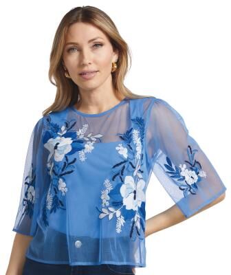 Masseys Sheer Embroidered Layering Top (Size 3X) Blue/White, Polyester