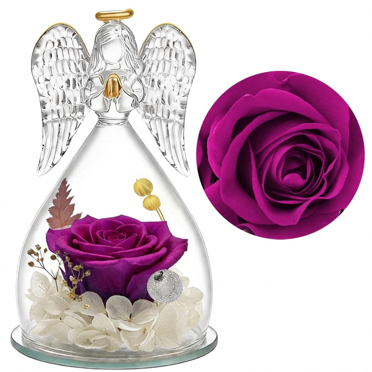 Dailygoods Eeuwige Roos in Glazen Engel Stolp, Geconserveerde Roos, Paars