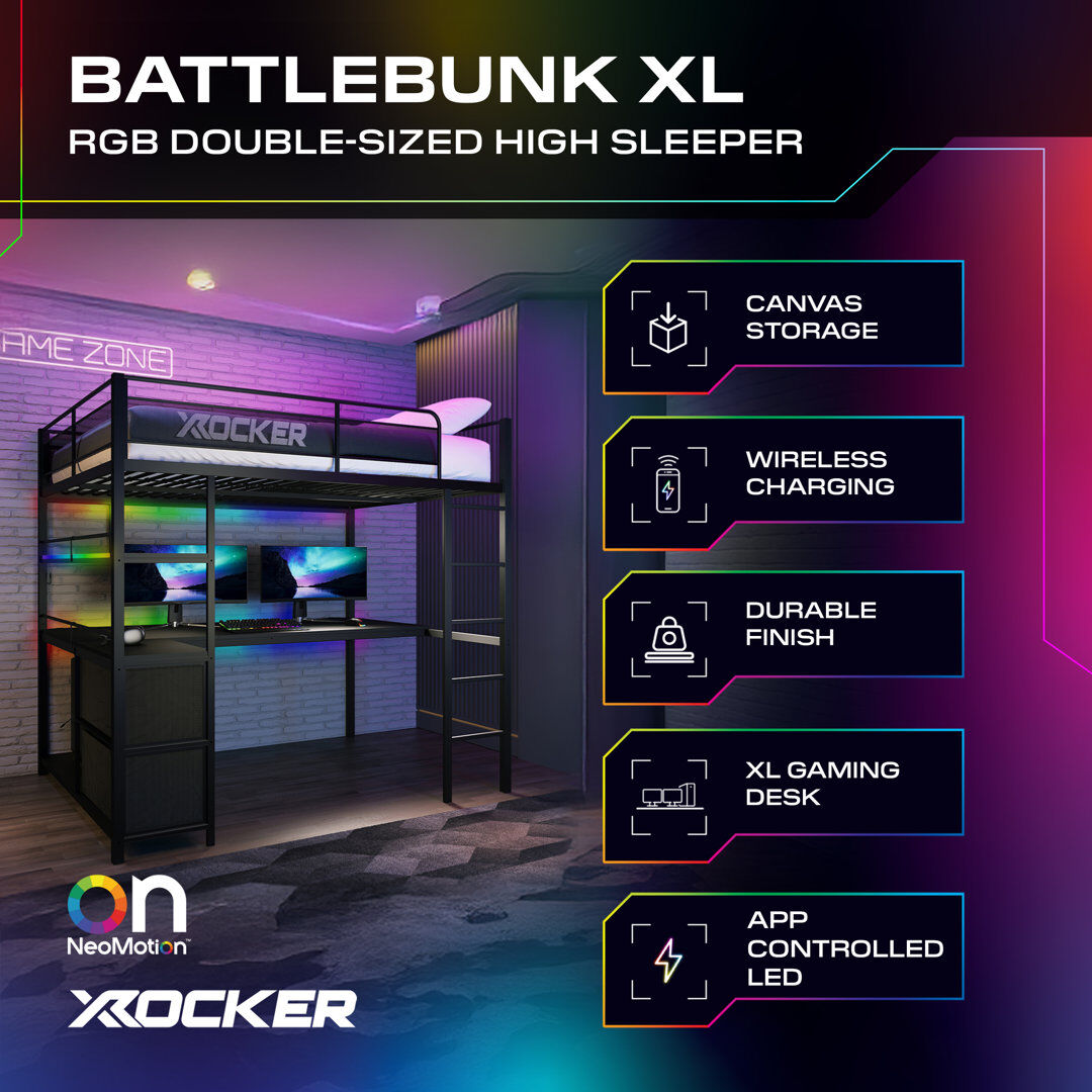 X Rocker Battlebunk XL RGB LED Double High Sleeper Gaming Bunk Bed with Desk - Black Black