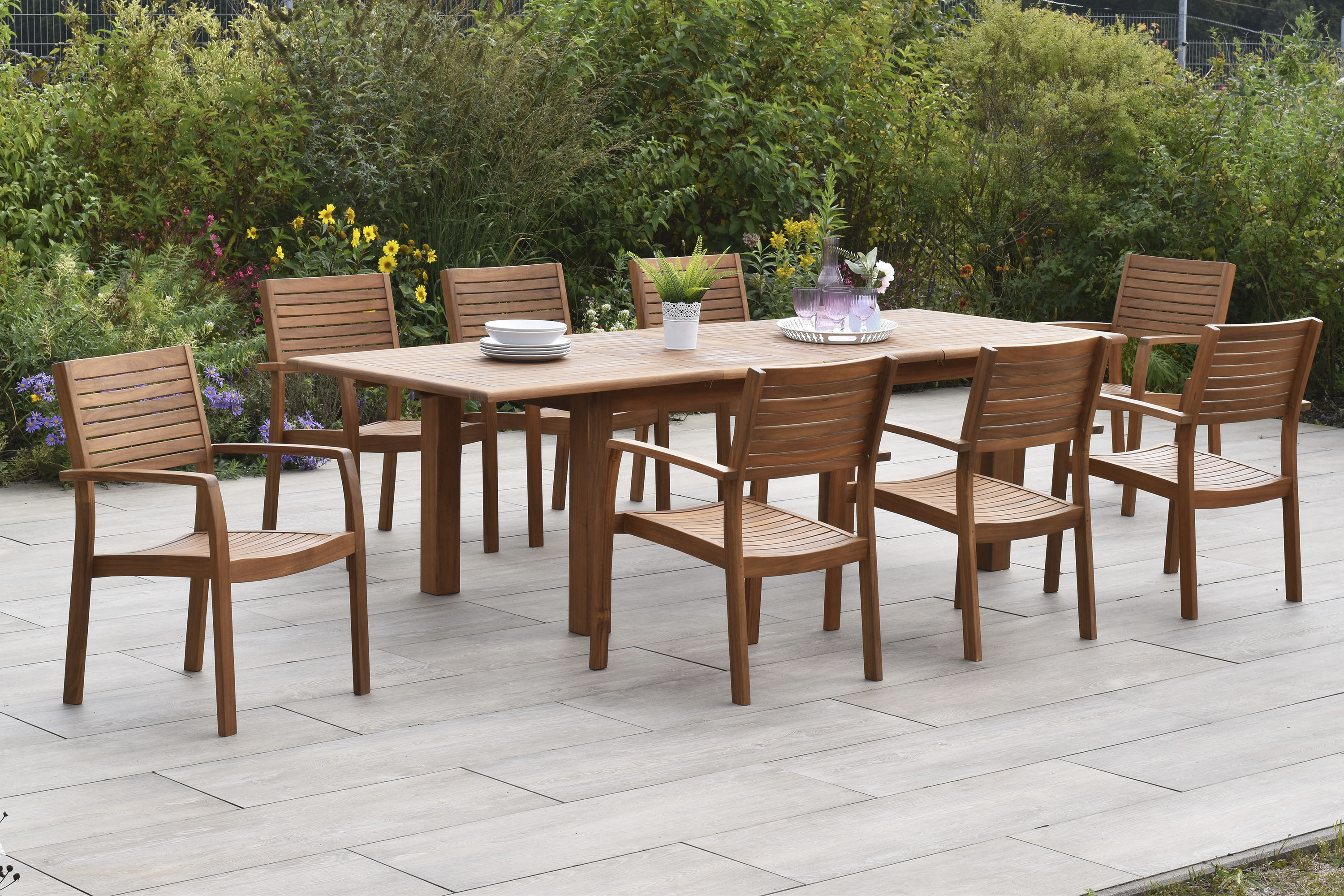 Garten-Essgruppe MERXX "»Batavia«", beige (natur, natur, natur), Auszugsplatte, ausziehbar, Massivholz, Sitzmöbel-Sets, Garten-Essgruppe, Sessel stapelbar, Doppelausziehtisch Beine 9x9 cm stark