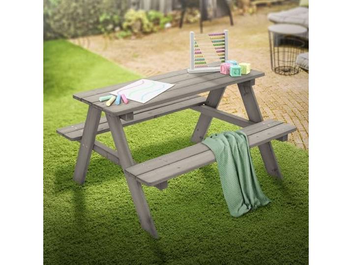ML-Design Kindersitzgarnitur für Draußen, Grau, Sitzgruppe Outdoor 2 Bänke mit Tisch, Garten Kindersitzgruppe mit 4 Plätzen, Sitzgarnitur für Kinder Massivholz, Picknicktisch Kinder, Spielsitzgruppe