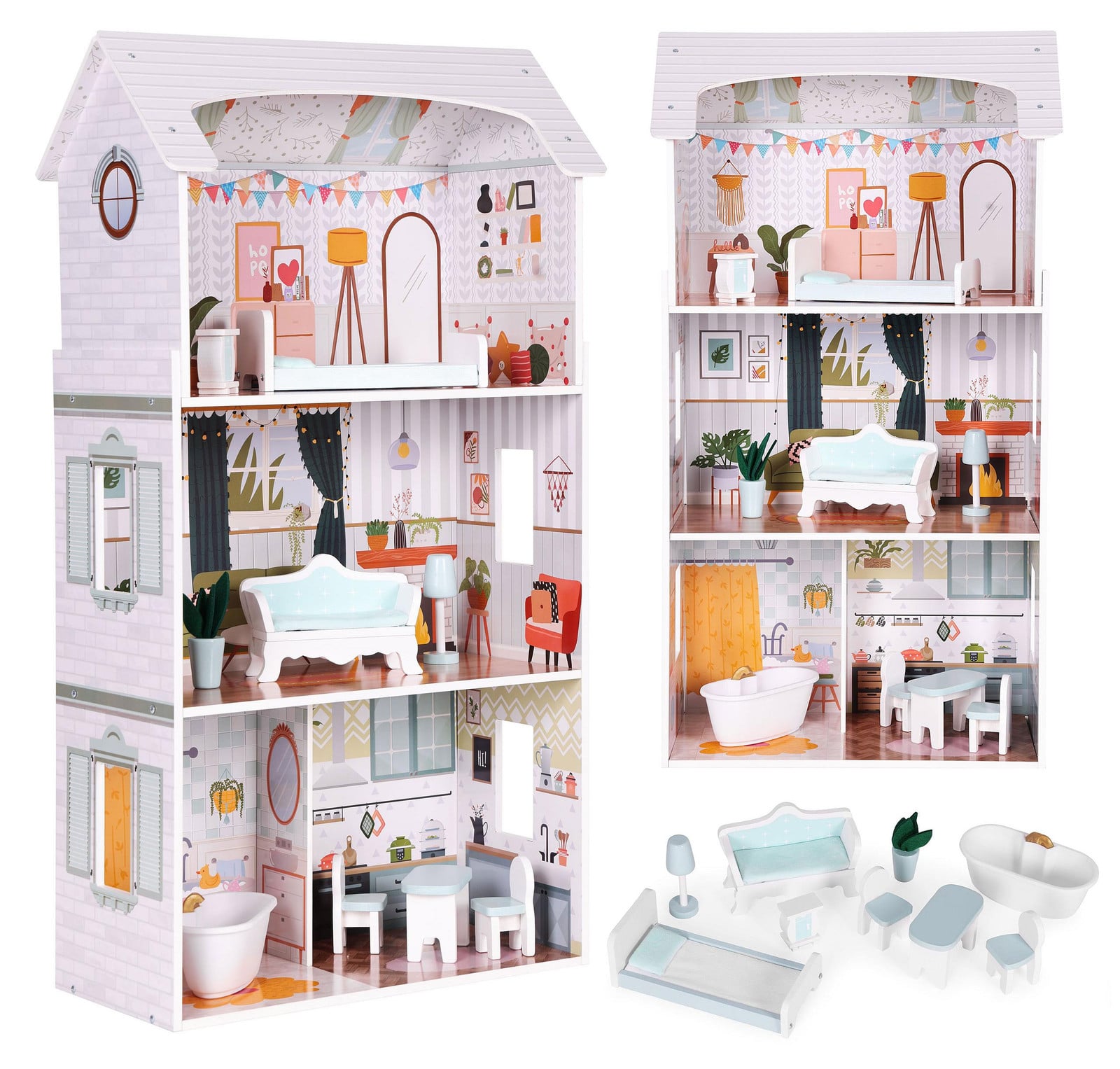 Ecotoys Alice poppenhuis met 3 verdiepingen, 4 kamers en 9 meubels