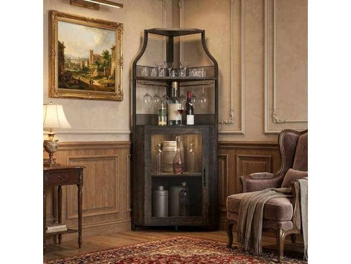 Litake Eckbar-Kommode, Flaschenregal Mit Verstellbaren Regalen, 5-Schichten Landhausweinkommode Mit Verschließbarem Tür Und Verstellbaren Füßen Für Esszimmer, Wohnzimmer, Küche, Verbrannte Farbe