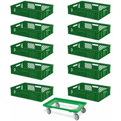 BRB 10 Euroboxen, 600x400x150 mm, lebensmittelecht, grün + Transportroller