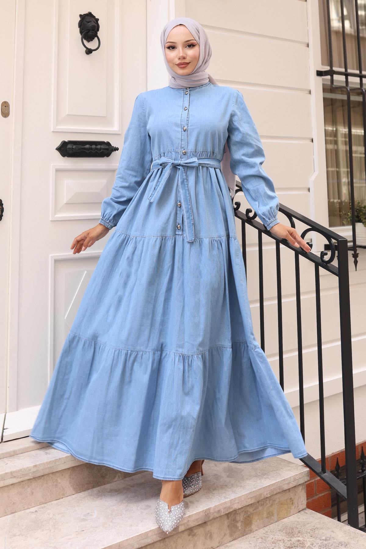 Geknöpft Layered Denim Kleid Hellblau