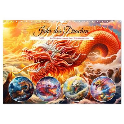 Jahr des Drachen - Im Stil des chinesischen Tierkreiszeichens (Wandkalender 2027 DIN A3 quer), CALVENDO Monatskalender