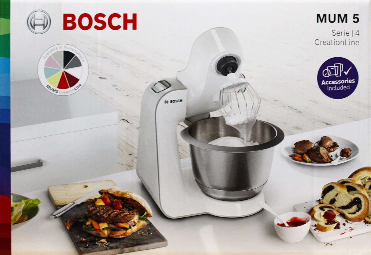 Bosch MUM58258, 3,9 l, Weiß, Tasten, CE, Eurázsiai, Ukraine, VDE, Edelstahl, Kunststoff