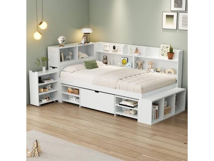 DRIPEX Lit enfant 90*200cm avec tiroirs bibliothèque et armoire de rangement Lit en bois multifonctionnel Blanc