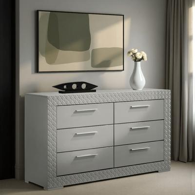 Benjara Ivon Wide Dresser, 6 Drawers, Bar Handles, Glossy Gray Solid Hardwood