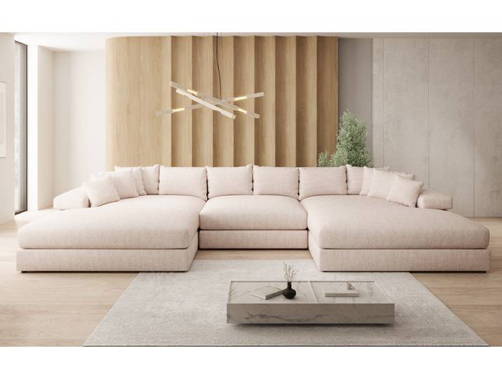 Designer Sofa Bernardo U mit breiter Ottomane in Leinen-Optik - Weiß - Leinen-Optik - Luxusbetten24