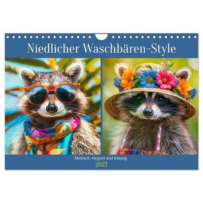 Niedlicher Waschbären-Style. Modisch, elegant und blumig (Wandkalender 2027 DIN A4 quer), CALVENDO Monatskalender