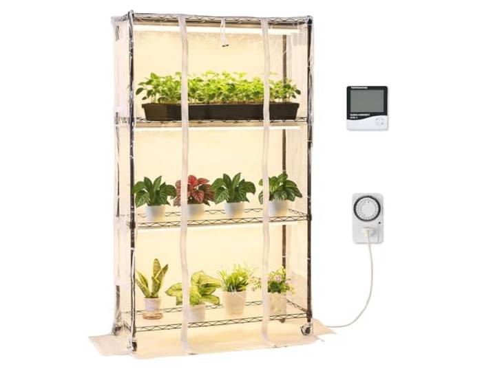 VEVOR Serre Intérieur avec Lampe de Croissance\, Support Plantes 4 Niveaux\, 150 cm\, 180 W\, avec Housse Transparente\, Minuterie\, Hygromètre\, Lampes Spectre Complet\, Étagère Plantes pour Pots de Fleurs
