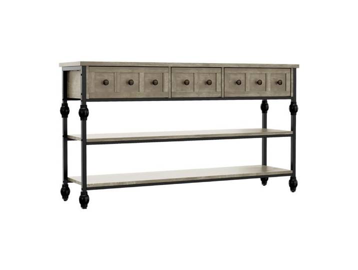 Koioplie Table console d'entrée 133 cm avec 3 tiroirs et 2 étagères ouvertes style farmhouse industriel console derrière Gris