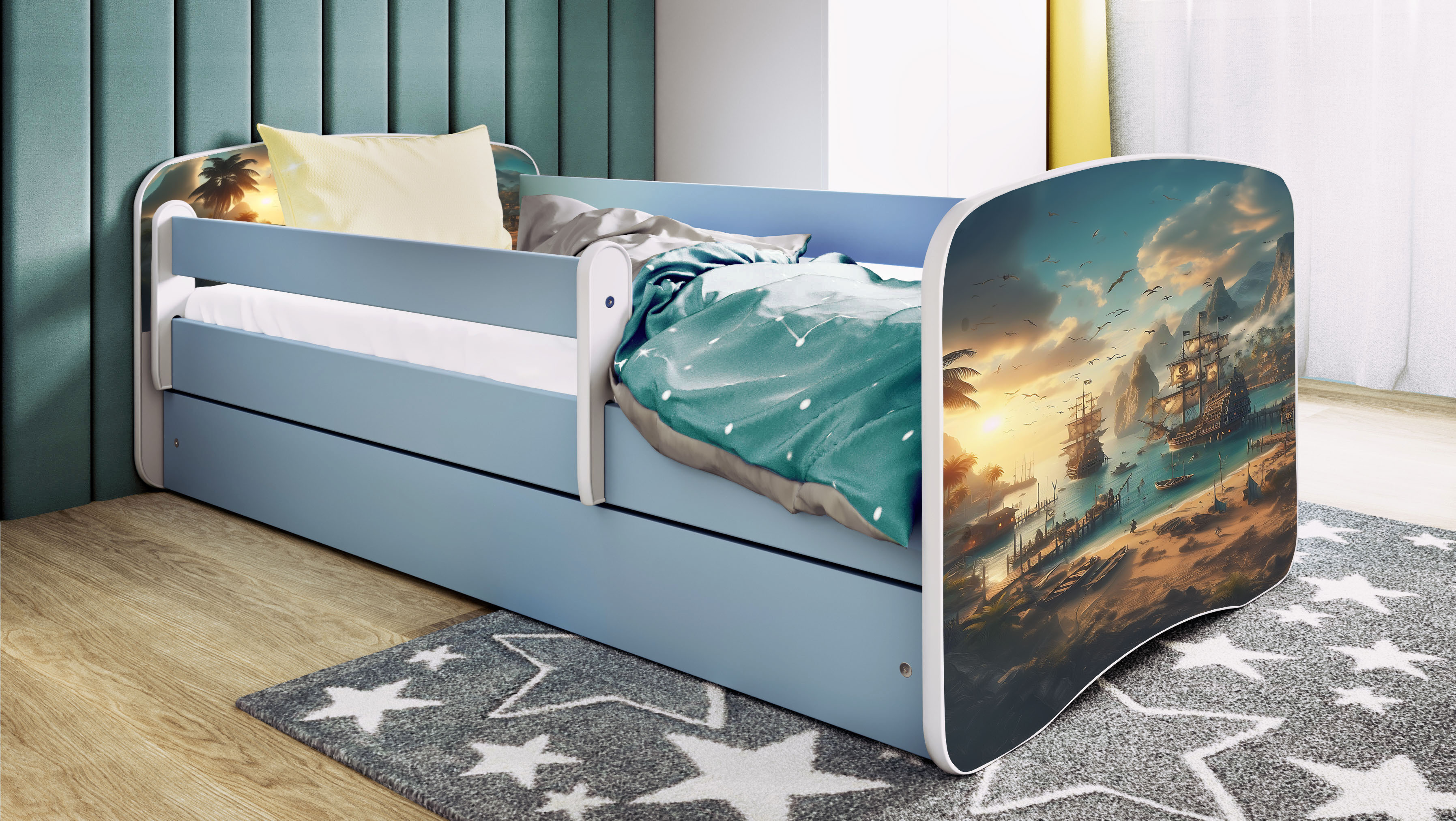 Kinderbett Jugendbett Schiff 70x140, 80x160, 80x180 cm - Komplettset mit Schublade & Rausfallschutz