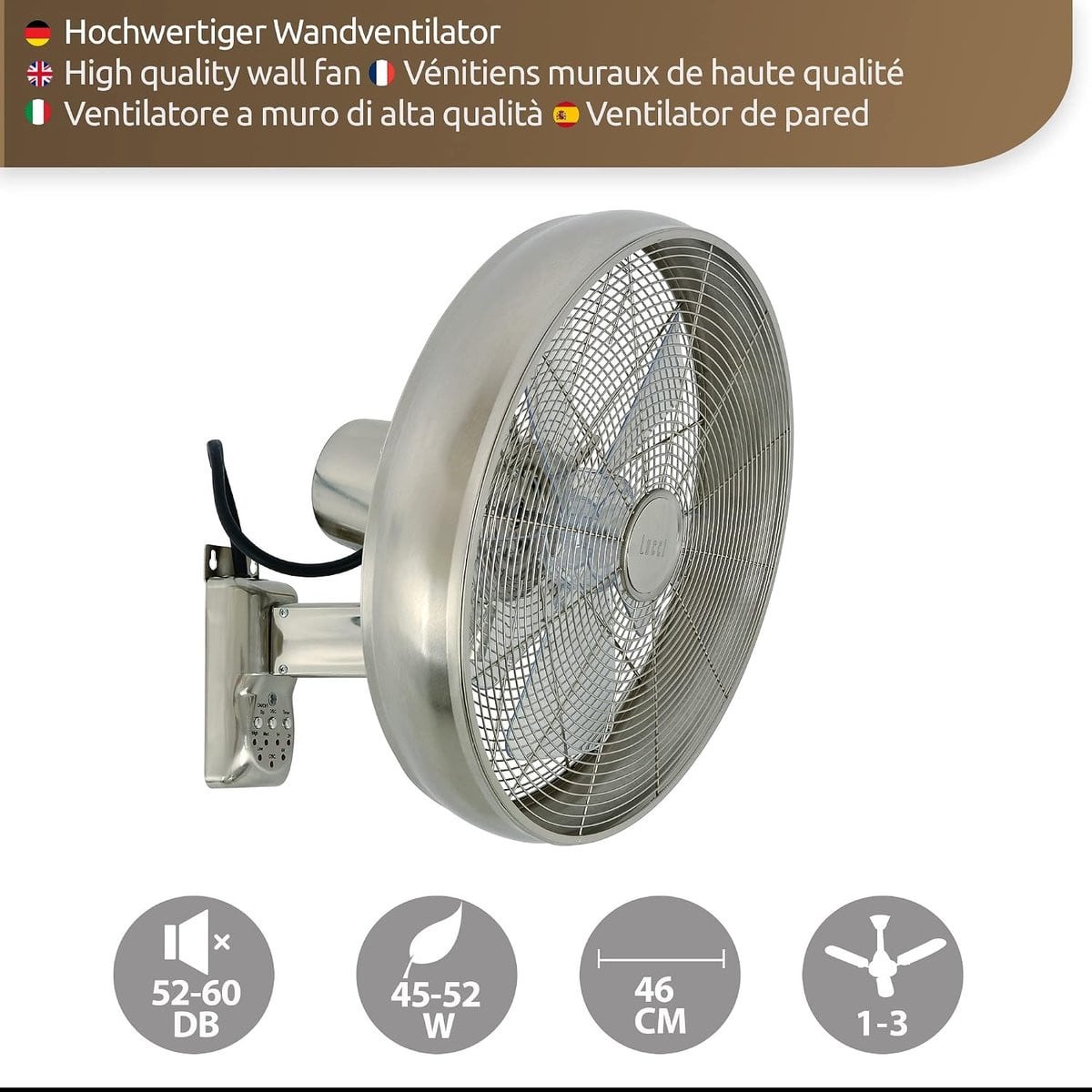Wandventilator in staal met afstandsbediening, 41 cm