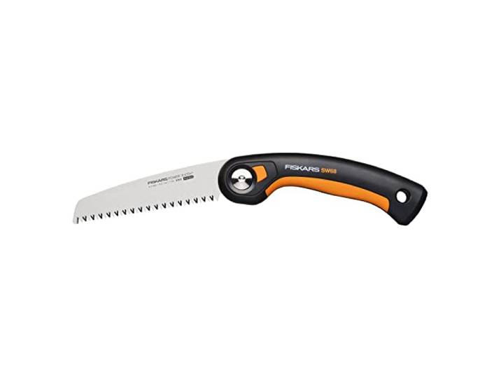 Fiskars Plus Scie Pliaple\, pour Troncs et Branches épais\, 3 positions de Coupe\, Lame Power Tooth tranchante\, Denture grossière\, Longueur de la lame : 15 cm\, Noir/Orange\, SW68\, 1067552