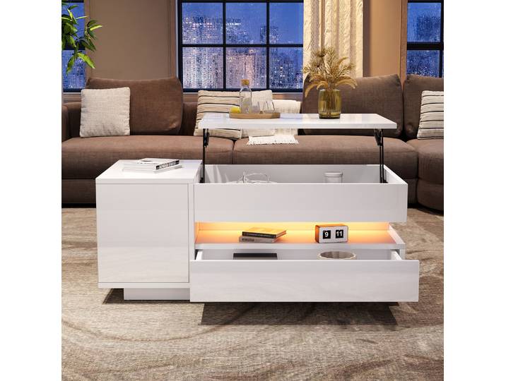 Table Basse 95x50x40 Cm Blanche – Plateau Relevable Led\, Rangement\, Panneaux De Particules Meubliv