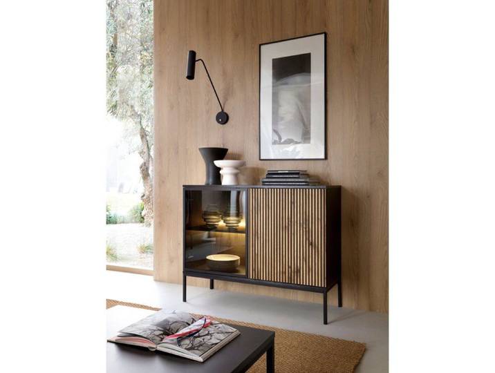 Buffet à deux portes avec éclairage LED - TOSENA - 104 cm - Noir/Chêne Wotan