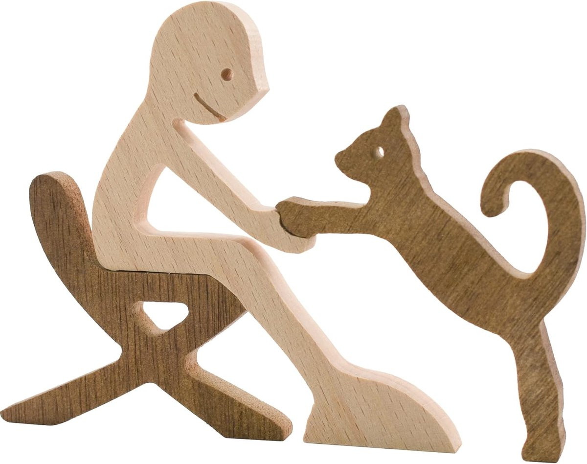 SnelShoppen Handgemaakt Houten Kat Figuur - Handgegraveerd Houten Beeldje voor Thuisdecoratie