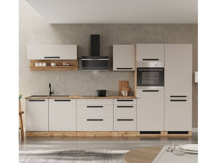 Autarke Küchenzeile AVEIRO mit Spüle 360cm Beige/Kaschmir ohne Kochfeld ohne Elektrogeräte ohne Kühlschrank